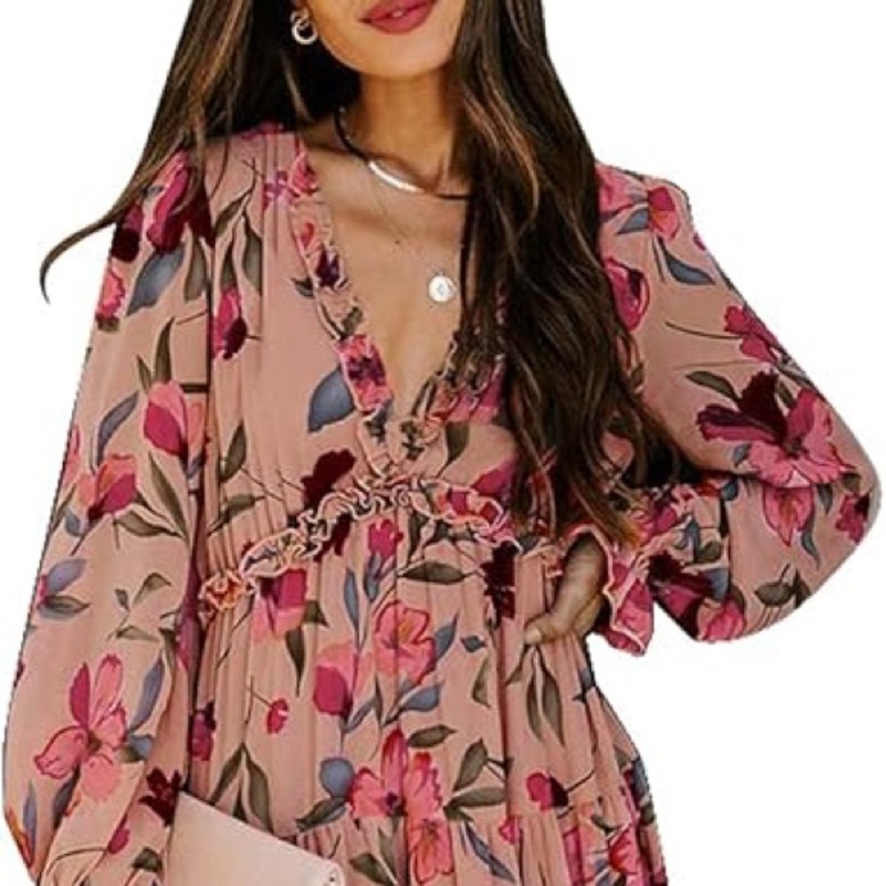 Floral V-Neck Long Sleeve Maxi Dress - Pink